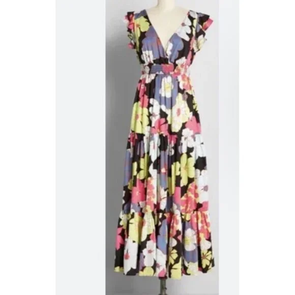 ModCloth Honolulu floral black ruffle cap sleeve tiered maxi dress Size XS NEW - Picture 1 of 14